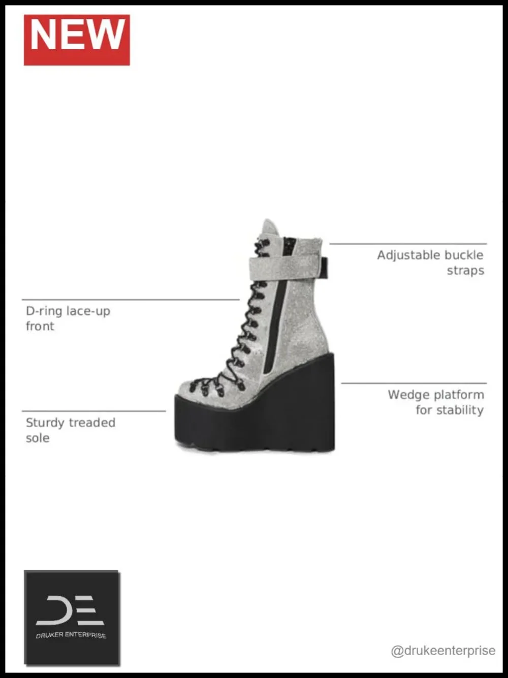 Silver Rhinestone Studded Wedge Platform Boots with Lace-Up & Buckle Straps